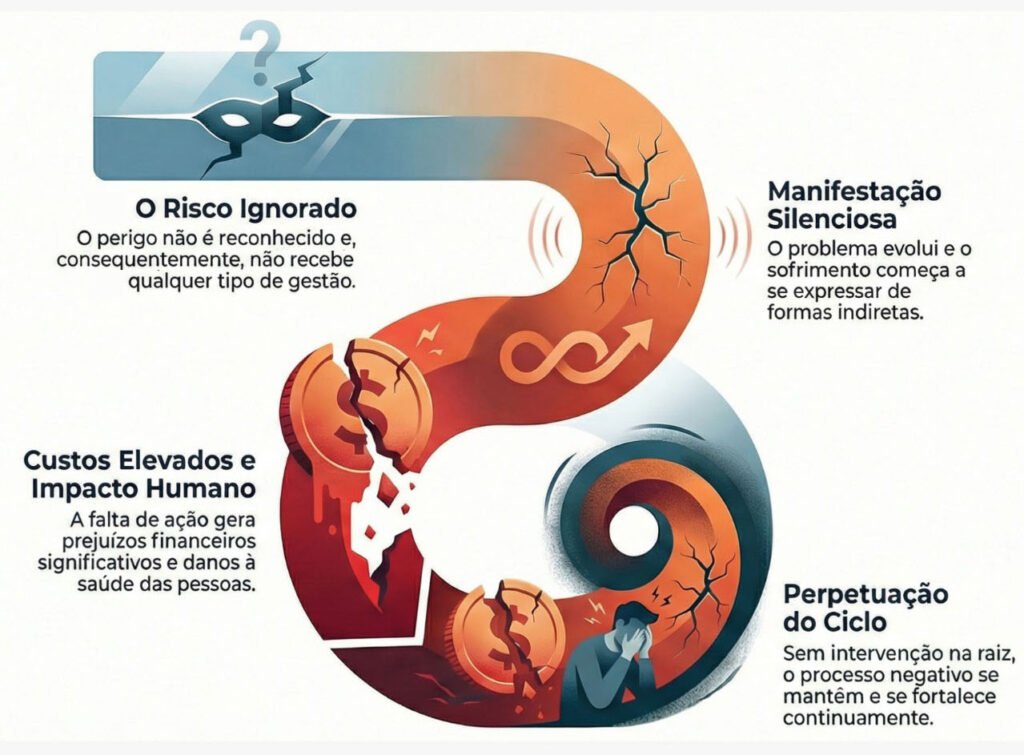 Infográfico sobre NR-1 e o custo invisível dos riscos psicossociais não gerenciados, com impactos em pessoas, cultura e desempenho.